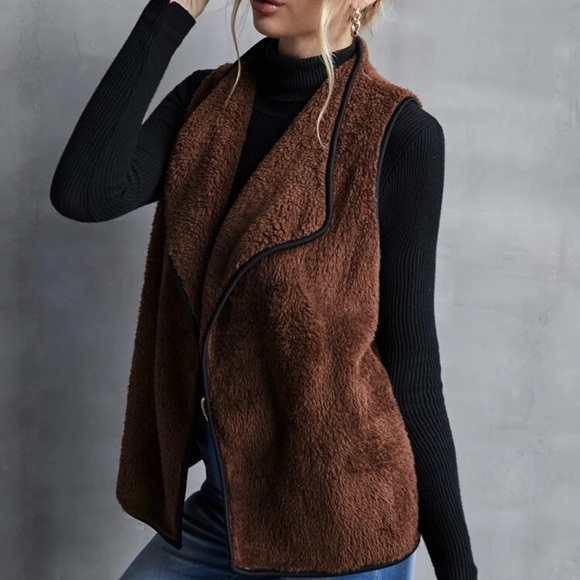 Teddy shearling faux fur waterfall vest jack coat brown black - Picture 2 of 4